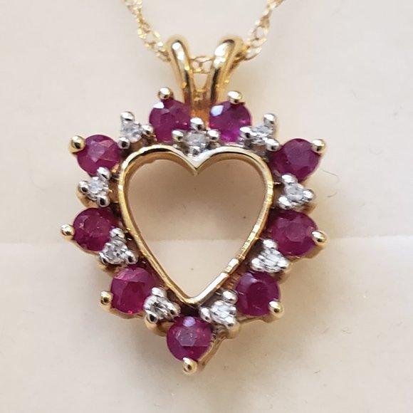 Ruby and Diamond Alternating Heart Pendant 14K with 18" Chain - Picture 1 of 4